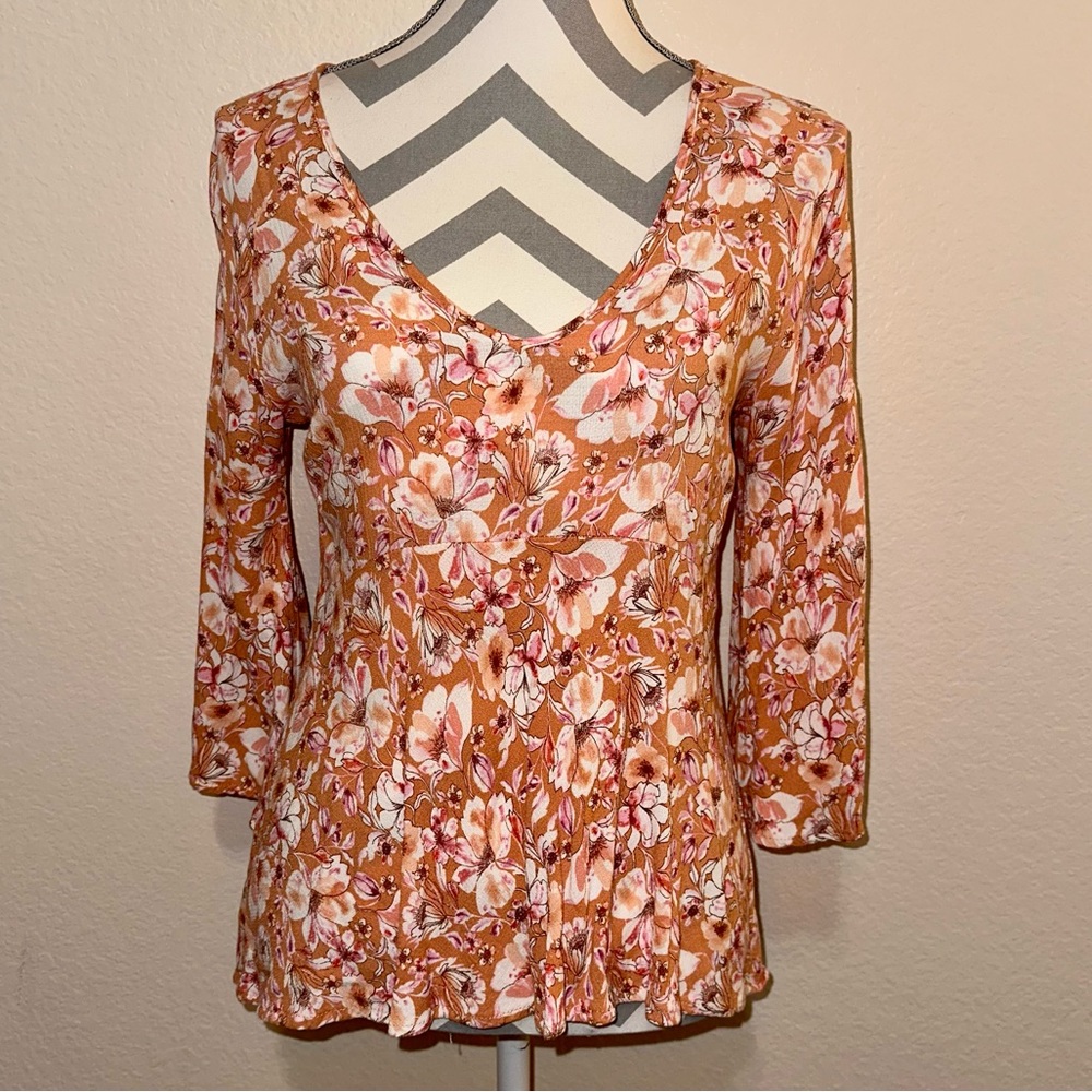 Rachel Zoe Orange Floral Print V Neck 3/4 Flare Statement Bell Sleeve Blouse S